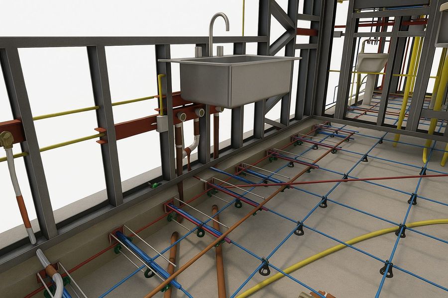 Modelo tridimensional de um piso com as redes de água e esgotos representadas
                a cores, sobrepostas à estrutura em LSF.