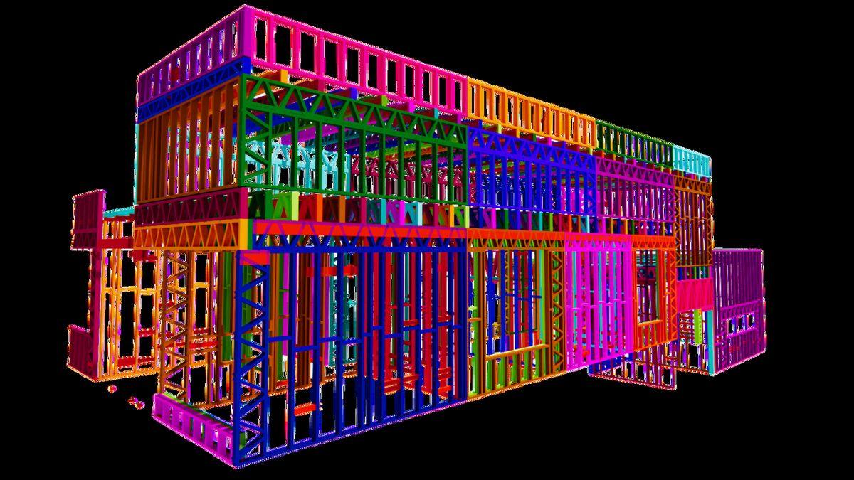 Modelo BIM de um edifício em light steel frame, com cada família de elementos
              a uma cor, visto em perspetiva.